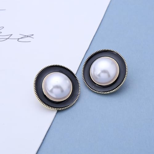 Vintage Pearl Black Enamel Earrings Large Round Pearl Stud Earrings Pearl Statement Earrings Exaggerated Pearl Button Earrings Jewelry for Women3