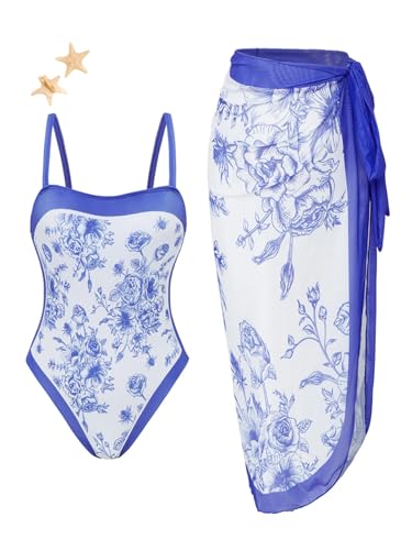 SEGT Girl's Floral One Piece Swimsuit with Quick Dry UV Protection Cover Up and 2 Pcs Starfish Hair Clip
