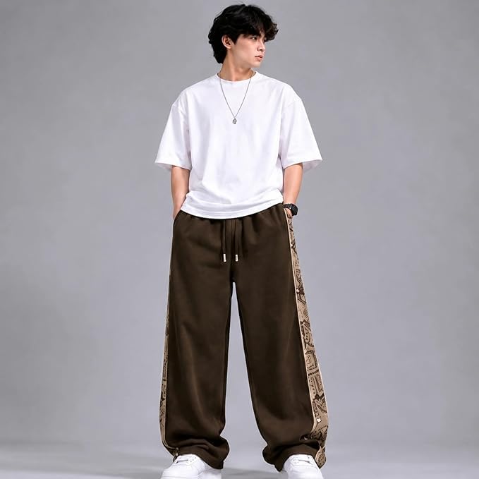VEXUA Men's Baggy Printed Track Pants, Brown, 2XL - Image 5
