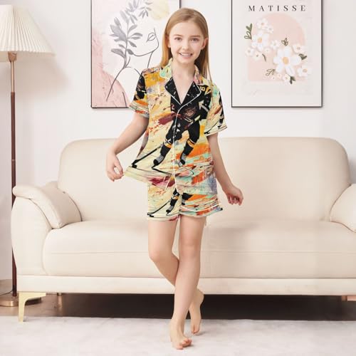 ALAZA Ice Hockey Player Oil Painting Satin Pajamas Set Short Sleeve Button Down Sleepwear Summer Pjs 2 Piece3