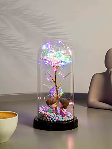 roseflower lamp,eternal roseEternal Rose Preserved Flower, Eternal Flower, NAWEIDA Beauty and The Beast Rose in Glass Dome with LED Fairy Lights Colorful Galaxy Rose (Color : Roze) ( Color : Roze )
