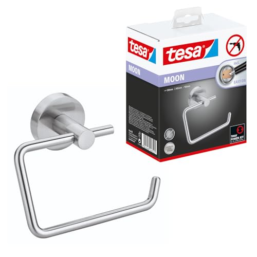 tesa Moon Toilettenpapierhalter, verchromt - WC-Rollenhalter zur Wandbefestigung ohne Bohren, inkl. Klebelösung - 138mm x 105mm x 50mm
