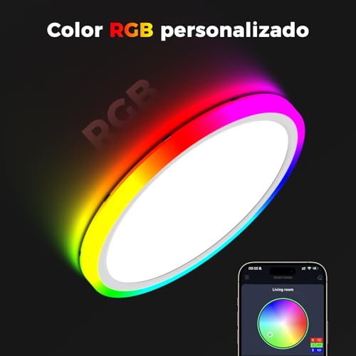AIKVSXER Plafón LED RGB Regulable 33W Ø40cm, Lámpara de techo con 7 colores y temperatura de color ajustable 3000–6500K, con luz nocturna, Control por mando y app, ideal para salón dormitorio y cocina - imagen 2