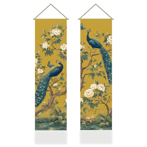 AHANDMAKER 2Pcs Elegant Chinese Peacock Tapestry, Green Peacock Wall Hanging Tapestries, Vintage Nature Decor Long Tapestry with Tassels Peacocks Wall Art for Home Office Decoration, 45.7x13 Inch