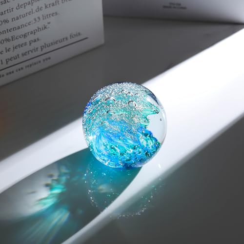 Qianwei Hand Blown Ocean Waves Crystal Ball - Glass Collectible Figurines Spere - Paperweight Glass Ball Aquarium DecorOffice Decor Ocean Lovers - Image 5