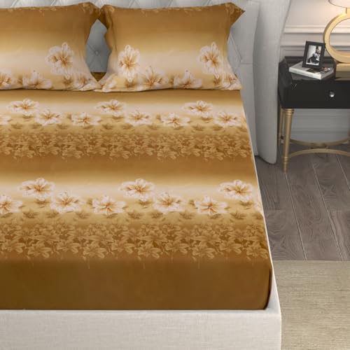 Image of Cloth Fusion Cotton Feel Elastic Fitted Bedsheet King Size, 2 Pillow Covers | Glace cotton 186 TC, 78 x 72 inches, fits up to 8 inch mattress, soft, breathable, wrinkle-resistant, machine wash, brown