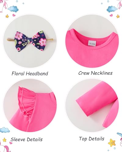Image of YALLET 3Pcs Toddler Girl Clothes Solid Color Long Sleeves Ruffle Top+Floral Pants+Headband 1-6 Years Fall /Winter Outfits Set