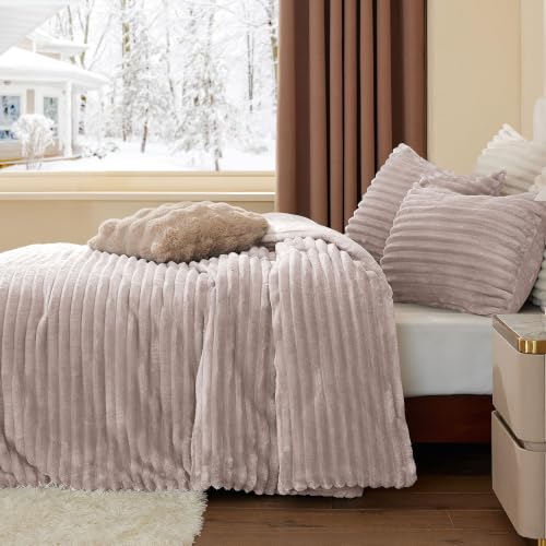 Image of BEDELITE Fleece Full Comforter Set, Fluffy Bed Set, Lotus Pink | Super Soft & Warm Bedding, Luxury Fuzzy Faux Fur Comforter for Winter, Heavy Plush Bedding, with 2 Pillowcases