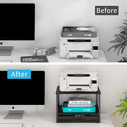 Simple Trending 2 Tier Desktop Printer Stand With Sliding Wood Storage Drawer, Multi-Purpose Desk Organizer For Fax Machine, Scanner, Files, Books, Black #TOP5