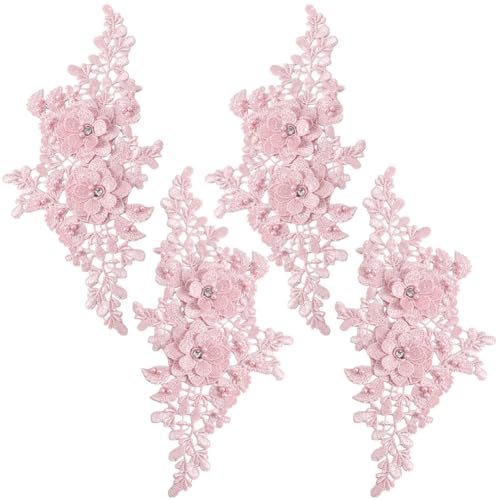 CABODYALS 4Pcs Pink Floral Embroidery Applique Beaded Flower Rhinestone Appliques 3D Polyester Lace Pearl Crystal Sew on Patches for Sewing Making Clothes Wedding Gowns Costumes Accessories Supply