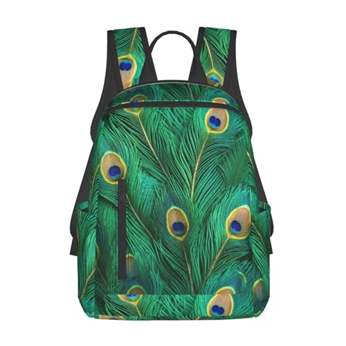 Sac à dos léger noir imprimé plumes de paon vert : grand sac de voyage pour femme et homme