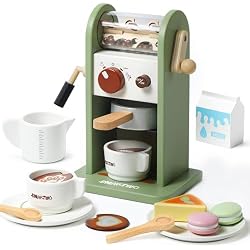 Smartwo Kids Wooden Coffee Maker Toy,Coffee Machine Playset with Grinder,Play Coffee Making Routine,Stimulates Imaginative Pretend Play and Life Skills,Birthday Gift for Toddler Boy Girl,17pcs