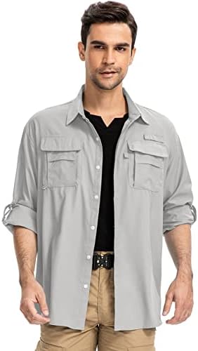 Men’s Long Sleeve Shirts UV UPF 50 Sun Protection Hiking Fishing Safari Shirt Quick Dry Cool Utility Blouse (5052 Light Grey L)