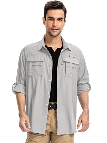 Men’s Long Sleeve Shirts Uv Upf 50 Sun Protection Hiking Fishing Safari Shirt Quick Dry Cool Utility Blouse (5052 Light Grey L) #TOP3