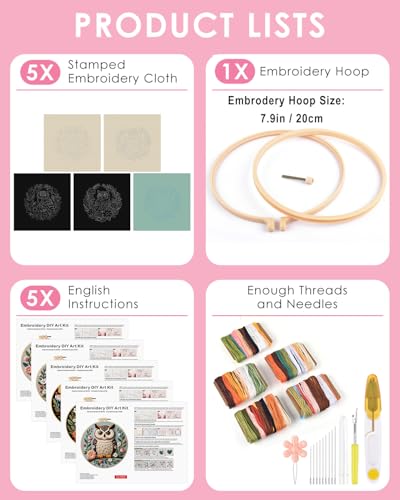 Image of TINDTOP 5 Pack Embroidery Kit for Adult, Embroidery DIY Starter Kit, with Stamped Patterns, Hoop, Tools, Colorful Threads with Needles, Instructions | with Stamped Patterns, Hoop, Tools, Colorful Threads with Needles, Instructions