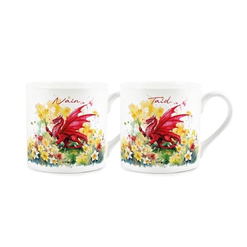 Purely Home Daffodils & Dragon Welsh Grandma & Grandad Mugs Set - Floral Wales Souvenir Nain & Taid Gifts - Bone China Tea/Coffee Cup Present Pack of 2