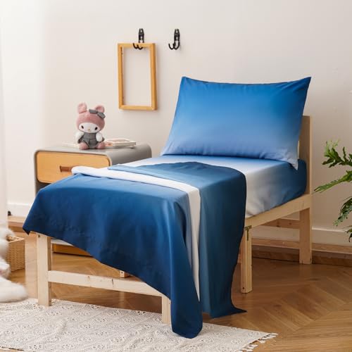 Image of Luxlovery Toddler Comforter Set Graident Blue White Boys Kids Boho Bedding Set Bed Set for Dorm 4 Pieces (1 Comforter, 1 Flat Sheet, 1 Fitted Sheet, 1 Pillowcase)