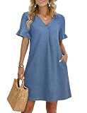 Fengbay Summer Denim Dresses for Women UK V Neck Ruffle Short Sleeve Casual Elegant Shift Ladies Jean Shirt Dress with Pockets Light Blue