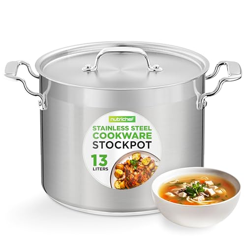 NutriChef Stainless Steel Stock Pot with Lid, 13L Big Stockpots for Stew, Soup, Pasta, Meat- Induction Ready, Large Cooking Pot with Ergonomic Handles