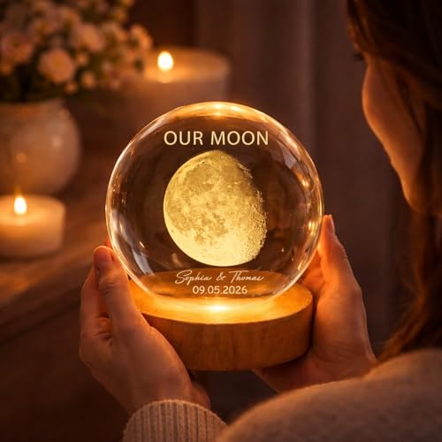 Image of Evamall Custom Our Moon The Night We Got Married, Customized Crystal Ball LED Night Light, Moon Phase Print, Custom Engraved Gift for a Loving Couple