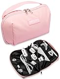 iMangoo Tech Organizer Travel Case 150° Open Large Storage Pouch Purse for Women Zipper Waterproof Bag Power Bank Portable Charger Cable Cord Electronics Accessories Trip Travel Essentials Bags Pink