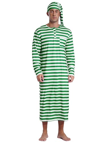 Men's Long Sleeve Striped Nightshirt Sleeping Cap with Pom-pom 2Pcs Pajama Sets Nightwear