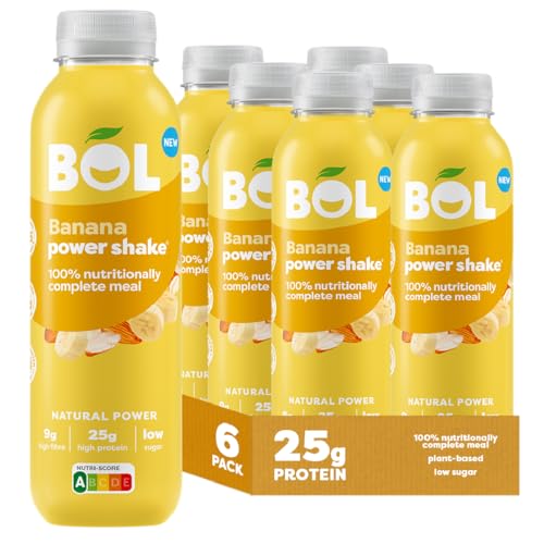 BOL Banana Power Shake - Ready-to-Drink Nutritionally Complete Meal (300Kcal) | 25g High Protein Shake | Low Sugar, High Fibre (9g), Plant-Based, Low Calorie Meal Replacement Shake (410ml x 6 Bottles)