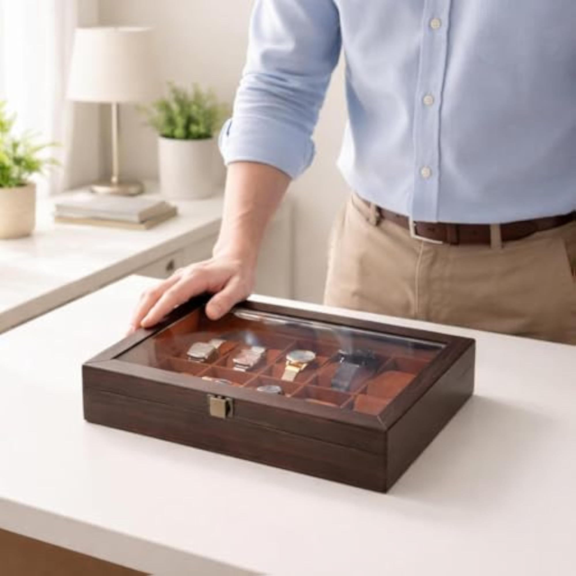 Leather-Like Watch Display Box with Transparent Window