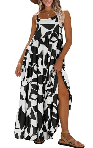 ECOWISH Women Sleeveless Maxi Dress: Summer Spaghetti Strap Casual Loose Boho Beach Dress Asymmetric Tiered Flowy Long Dress Black XL