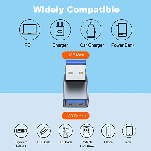 Image of AreMe 90 Degree USB 3.0 Adapter 2 Pack, Up and Down Angle, Grey | USB A Male to Female Converter Extender for PC, Laptop, USB A Charger, Power Bank and More