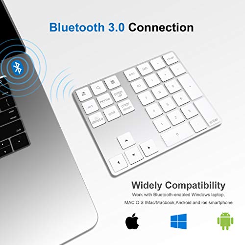 Cateck Bluetooth Numeric Keypad, Aluminum Wireless Bluetooth 34-Key Number pad with Multiple Shortcuts for Computer Laptop Windows Surface Pro Apple iMac iPad Android Tablet Smartphone- Silver - Thumbnail 5