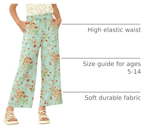 Image of Girls Summer Floral Wide Leg Pants High Waisted Flowy Dress Trousers with Pockets for School Lounge Beach 5-14 Years