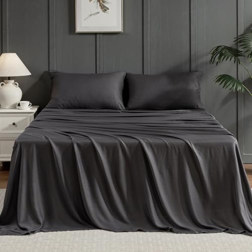 Yibeizi Grey 100% Viscose Derived from Bamboo Sheet Set Queen Size, 4 Pieces Cooling Silky Bed...