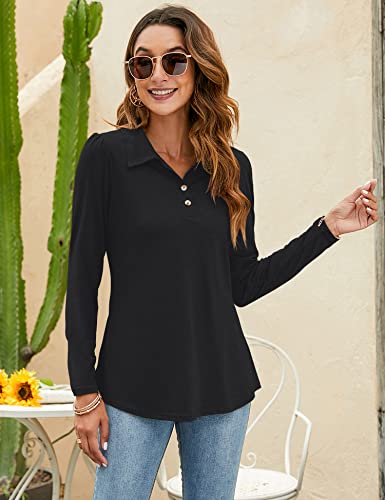 LOMON Womens Polo Shirts Button Down Collared Long Sleeve Tops V Neck Loose Blouses4