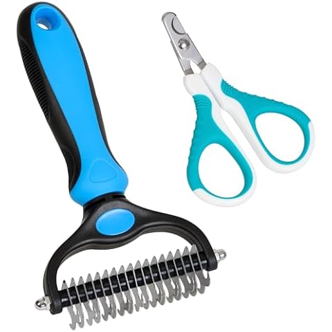 Pet Grooming Brush & Nail Clipper - Double Sided Shedding, Dematting Undercoat Rake for Dogs, Cats - Extra Wide Dog Brush for Shedding, Cat Brush & Cat Nail Clipper, Kitten Nail Trimmers - Set of 2 Cover
