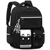 Amythe Mochila escolar para niños, mochila grande con bonito colgante, mochila escolar para niños de 2ª a 5ª clase, mochila para niños para la escuela o viajes con varios compartimentos, Negro