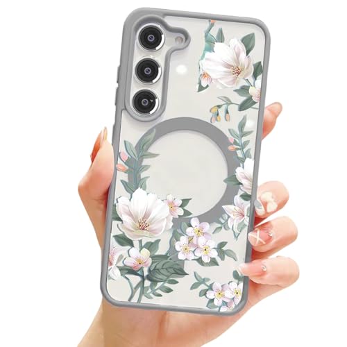 Image of VONZEE Compatible with Samsung Galaxy S25 Plus 5G Case Luxury Retro Flowers Floral Clear for Magnetic Wireless Charging Clear Case Shockproof PC+TPU Cute Glossy Shiny Cover for Girls Women, Grey