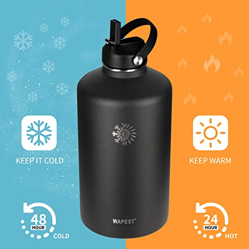 One Gallon Water Bottle - Wapest 128 Oz Large Water Jug Double Walled Vacuum Stainless Steel Insulated Water Bottle With Paracord Handle, Bottle Brush, Carrying Pouch & 2 Lids - Leakproof, Black #TOP1