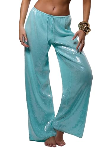 Women's Sequin Wide Leg Pants Sparkly Bling Drawstring Elastic Waist Loose Fit Disco Party Night Out Club Wear (Emerald Green, S)