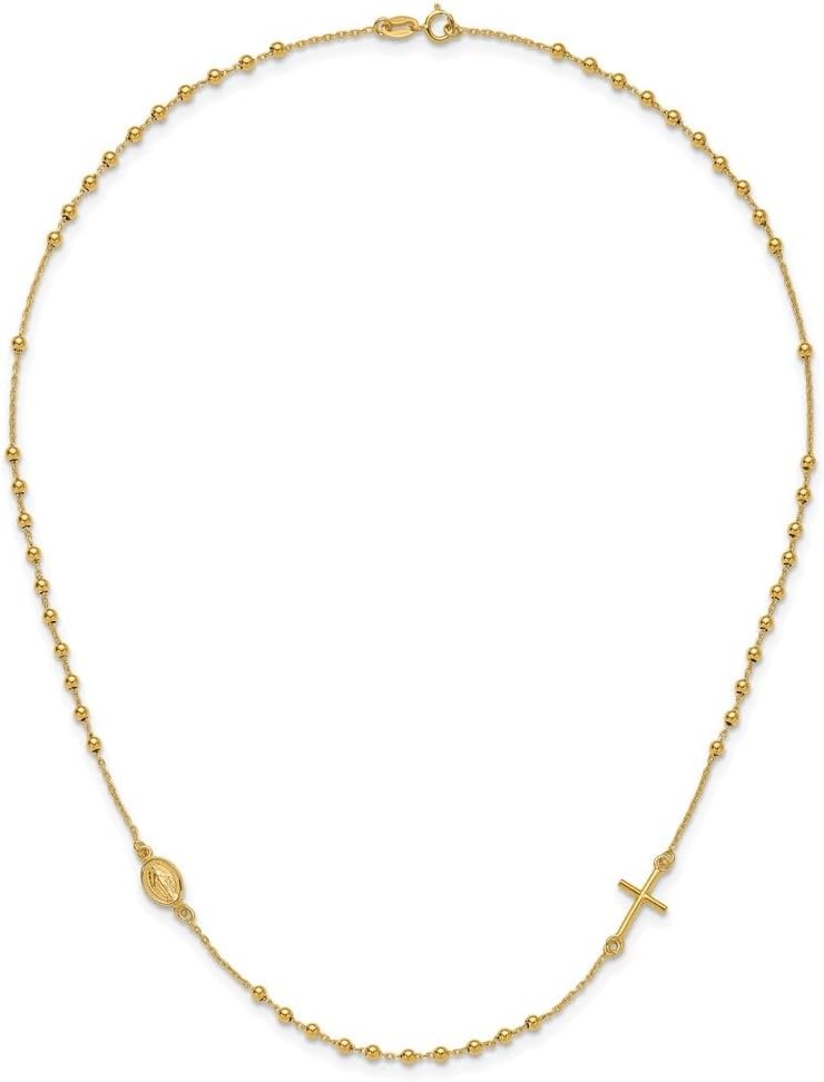 Diamond2Deal 14k Yellow Gold Polished Cross and Miraculous Medal Beaded Rosary Design Necklace 16"