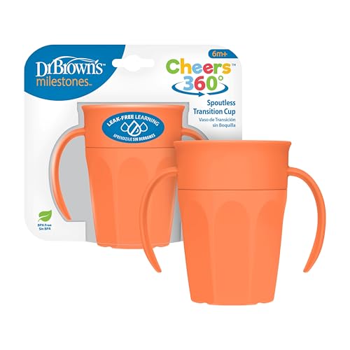 Image of Dr. Brown's Milestones Cheers 360 Spoutless Transition Cup with Handles, Travel Friendly and Leak Free Sippy for Babies and Toddlers, Coral, BPA-Free, 7 oz/200 mL, 6m+