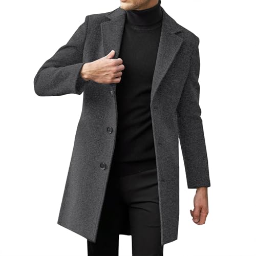 Generisch Abrigo de caballero largo, chaqueta de ajuste delgado, abrigo de lana, abrigo de invierno, cuello con botones, trenca, abrigo de invierno, ropa de abrigo cálida, negro, abrigo de caballero