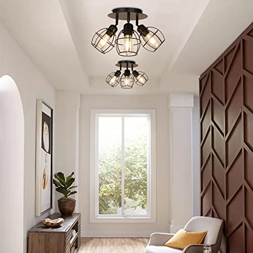 Industrial Flush Mount Ceiling Light - 3-Light Black Rustic Metal Caged Ceiling Mount Hallway Light Fixtures Ceiling For Kitchen Porch Bedroom Laundry Room Entryway #TOP6
