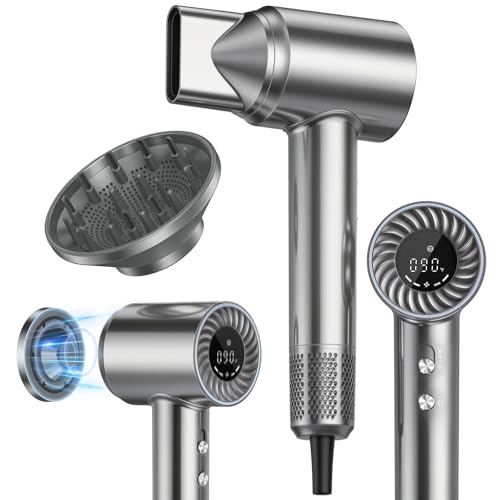 Hair Dryer, 150000 RPM Brushless Motor with 500M Negative Ions, Fast-Dry Lightweight Design, ThermoControl & Magnetic Nozzle/Diffuser, Low Noise Salon Blow Dryer for All Hair, Travel, Home