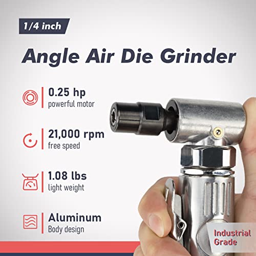 Renotec Air Angle Die Grinder, 0.25 Hp And 21,000 Rpm Motor, Lightwight Aluminum Body, Safety Lock, With 1/4" 1/8" Collets, Pneumatic Power Tool For Grinding And Polishing On Metalwork Woodwork #TOP1