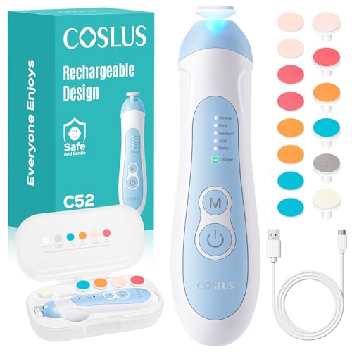 COSLUS Rechargeable Baby Nail File: Cordless Baby Nail Trimmer Electric, Baby Nail Clipper with 5 Speeds & 6 Grinding Heads for Baby Kid, CPC Certified & Quiet Design - Safe for Sleep Trim, C52 Blue