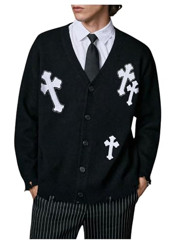 SOLY HUX Men's Y2k Gothic Button Down Cardigan Sweater Long Sleeve V Neck Hip Hop Fall Preppy Outerwear