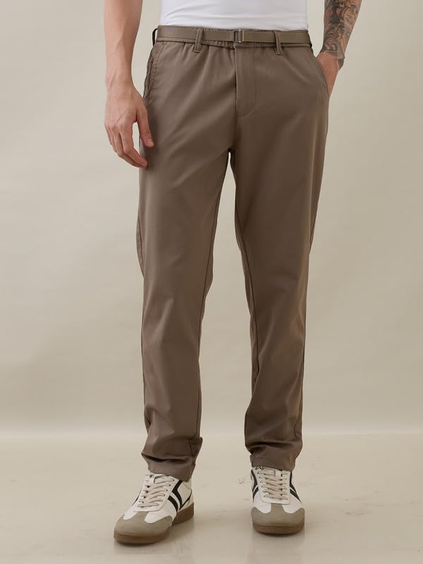 Image of Nostrum Men's Smart-Casual Tapered Trousers for Men, Charcoal, Cotton Corduroy, Mid Rise, Regular Slim Fit with Adjustable Belt, Side and Back Pockets, Casual Wea
