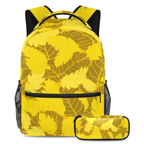 Sac à dos avec trousse à crayons à motif feuilles jaunes pour école et loisirs ados