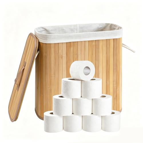 Large Bamboo Toilet Paper Basket with Lid, Holds 12 Mega